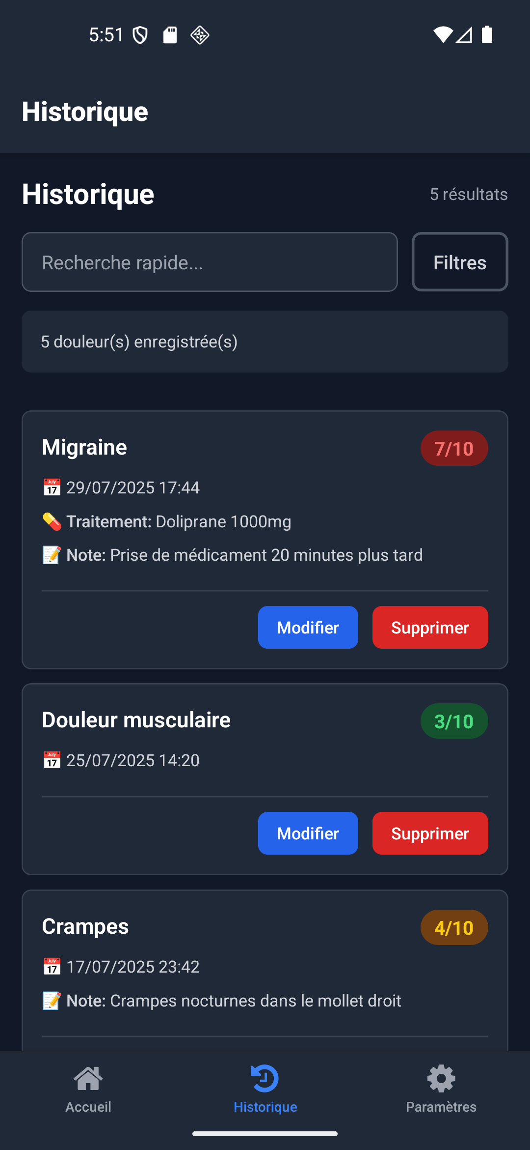 Page d'historique de l'application