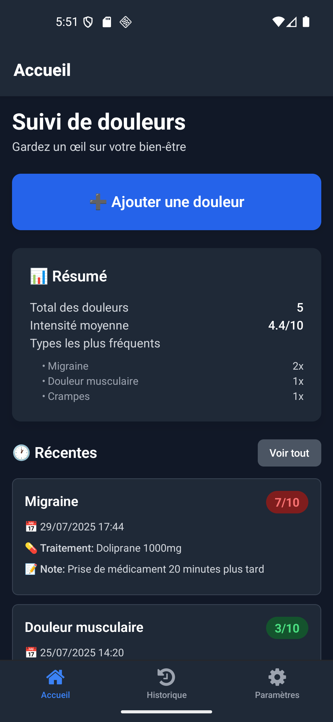 Page d'accueil de l'application